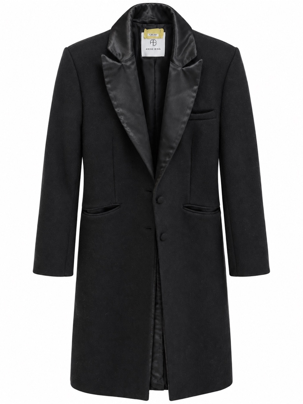 ANINE BING Black Wool Pea Coat with Satin Lapel